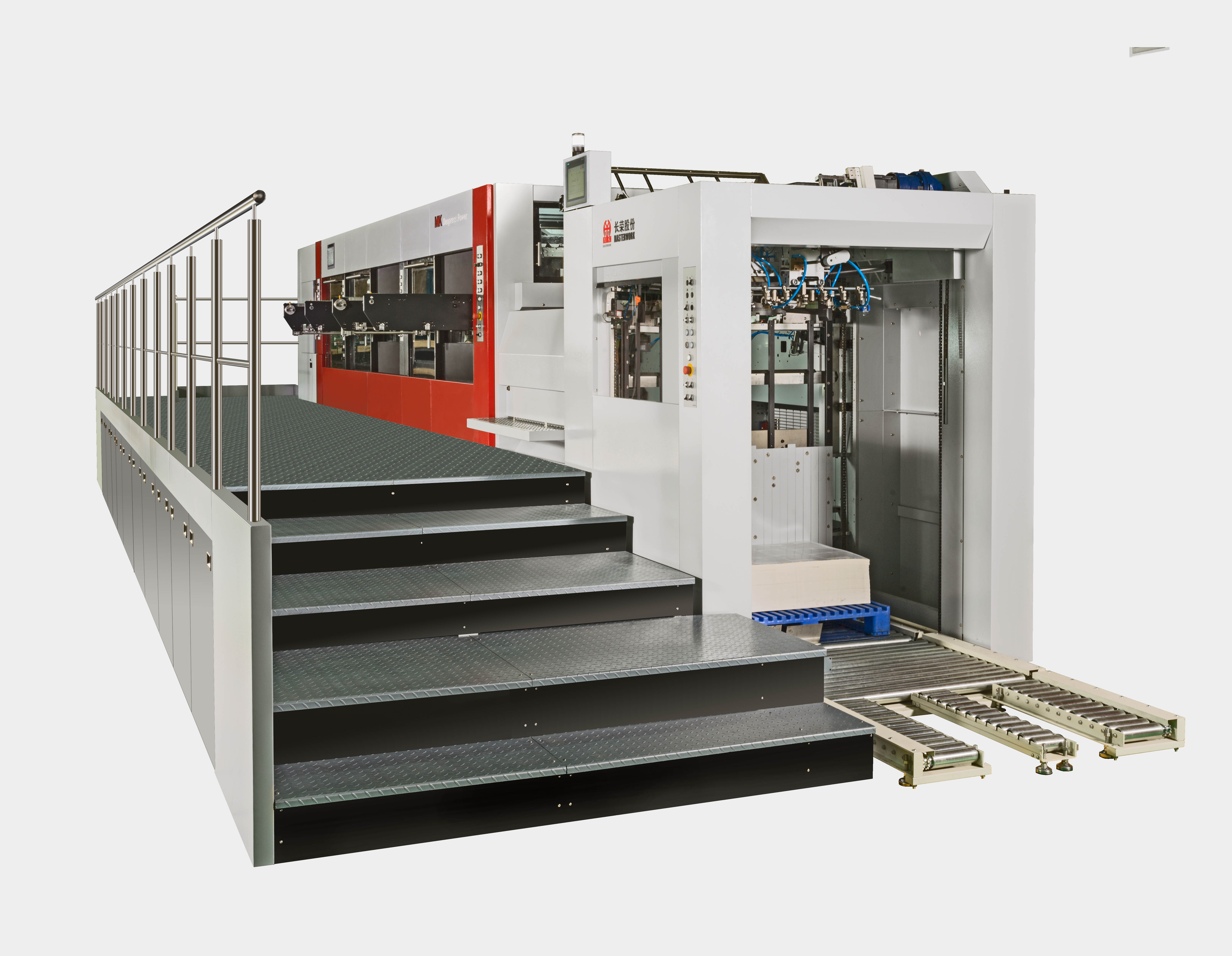 Duopress power 106 CSB
技術(shù)描述：高速雙機(jī)組整體設(shè)計(jì)技術(shù)/雙機(jī)組牙排定位技術(shù)
雙機(jī)組全清廢模切機(jī)
兩個(gè)模切單元7000張/小時(shí)的模切速度，相當(dāng)于單機(jī)組14000張/小時(shí)的工作效率。為企業(yè)帶來更高的生產(chǎn)效率以及更低的生產(chǎn)成本。
